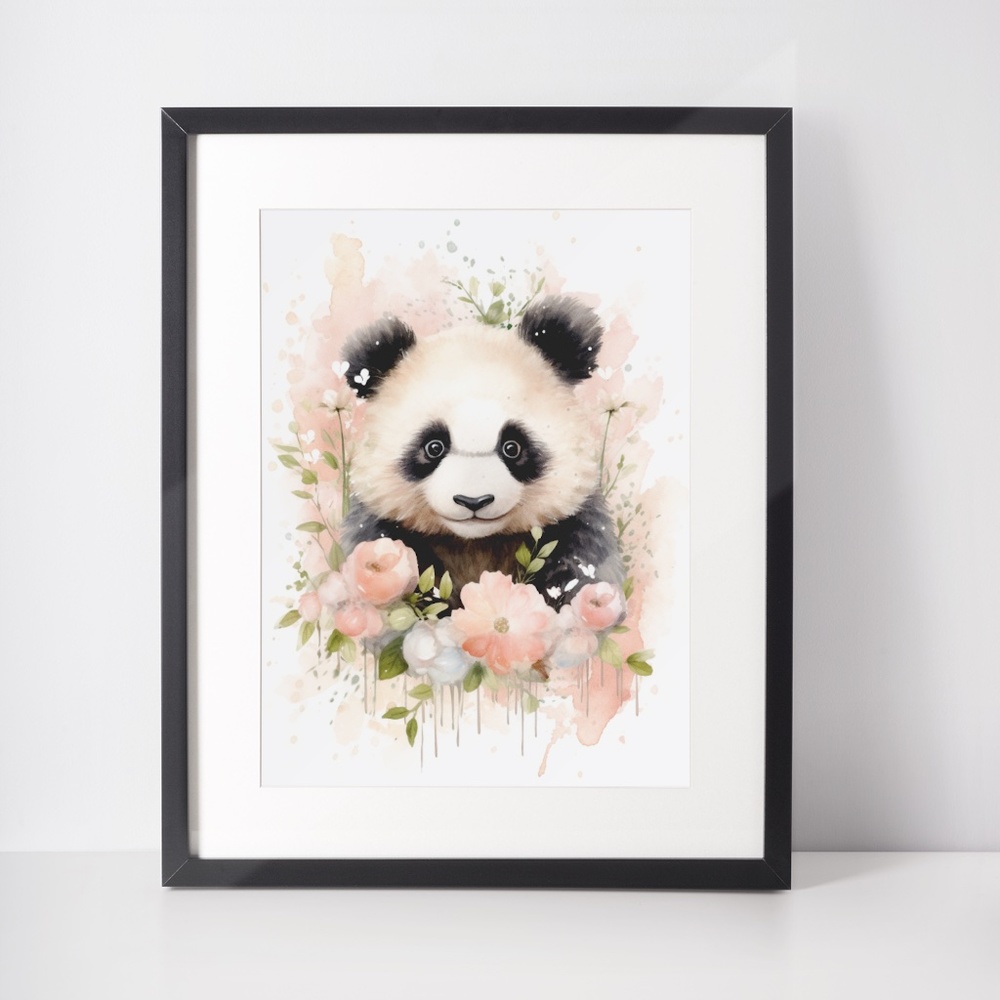 Watercolor Panda Bear With Flowers Portrait Wall Art Illustration Print Unframed - Picture 2 of 6